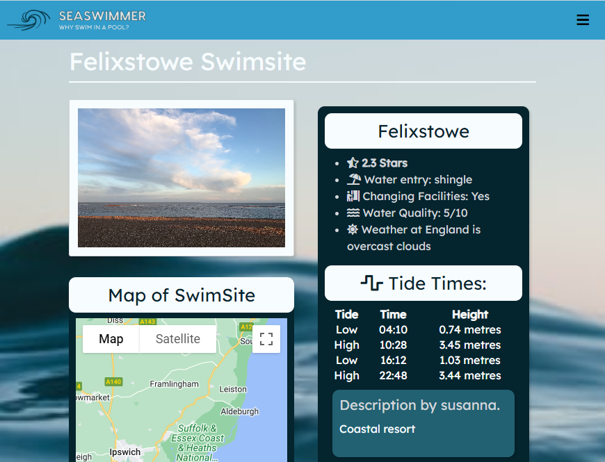Screenshot of the Seaswimmer sea swimming information website showing tide data and swimming conditions