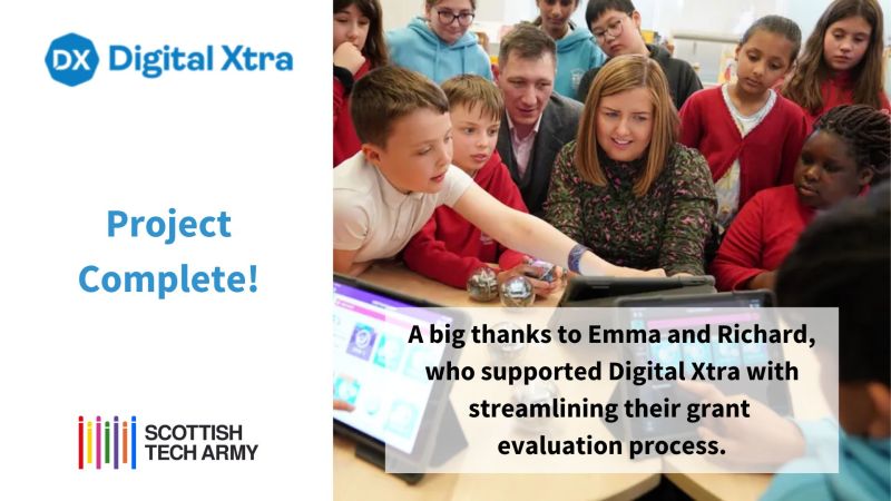 Scottish Tech Army and Digital Xtra project complete acknowledgement card - grant evaluation system rebuild