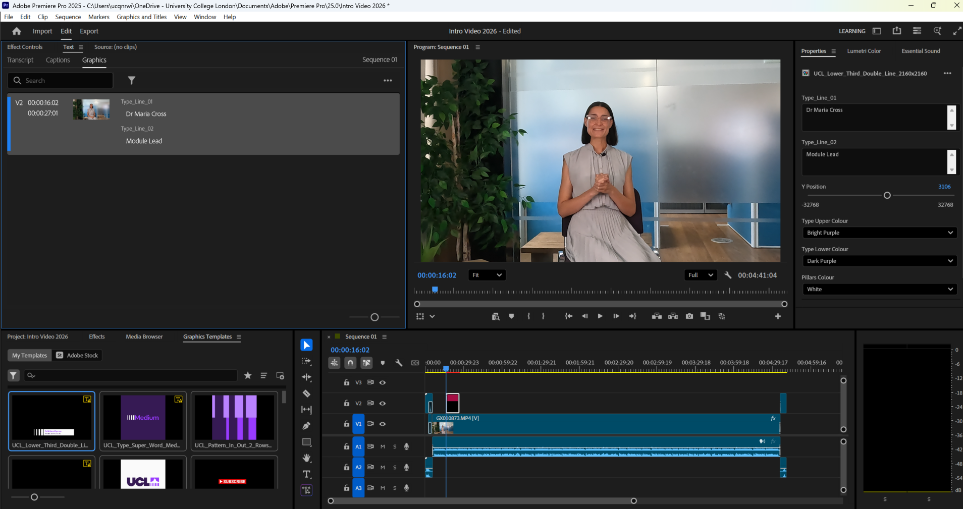 Adobe Premiere Pro video editing timeline showing UCL expert interview footage - colour-graded and cut for embedding in Moodle as a postgraduate learning resource for the STEP0024 module