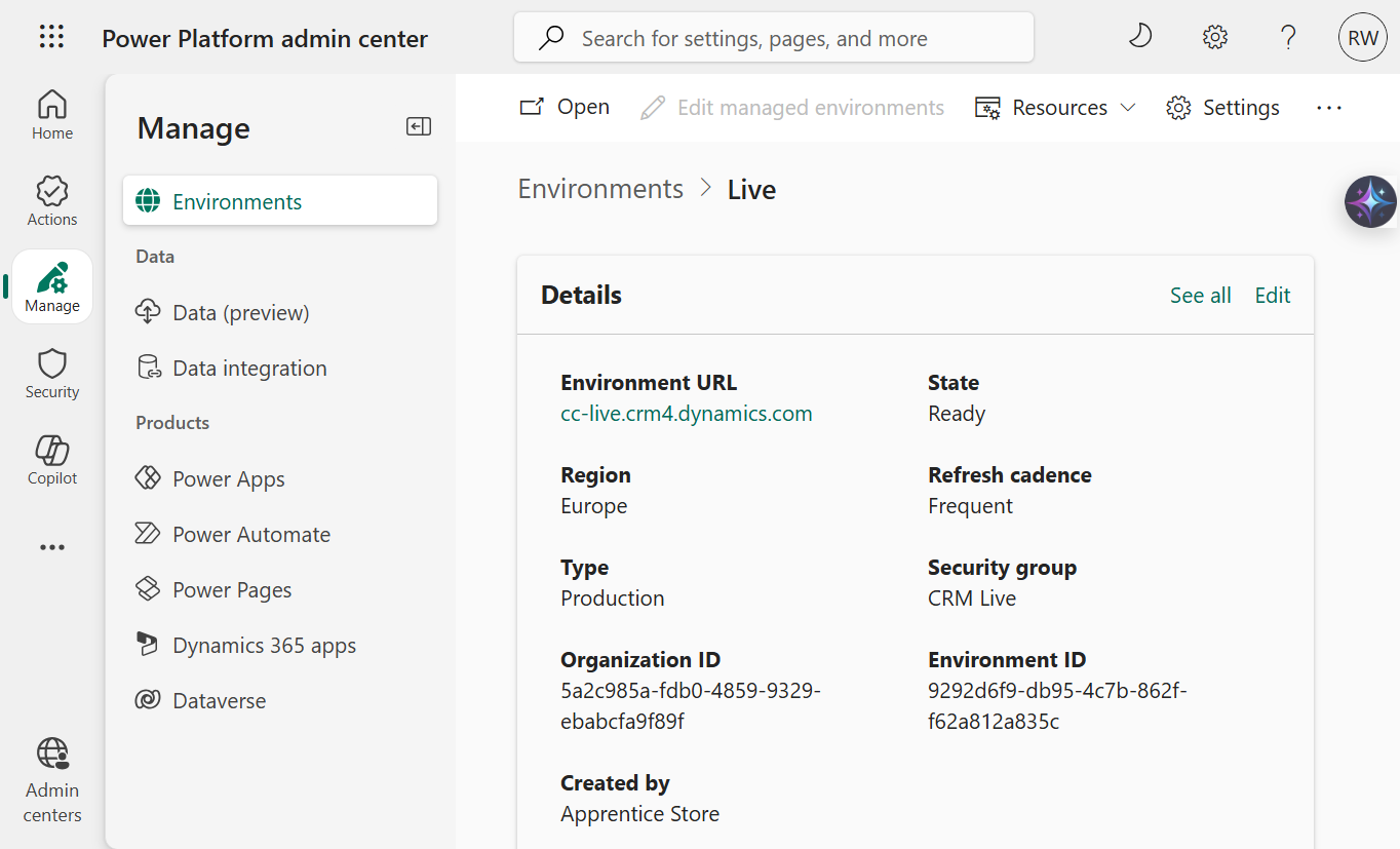 Power Platform admin centre showing the Connecting Carers Live environment - state Ready, region Europe, type Production, with Dynamics 365 and Dataverse