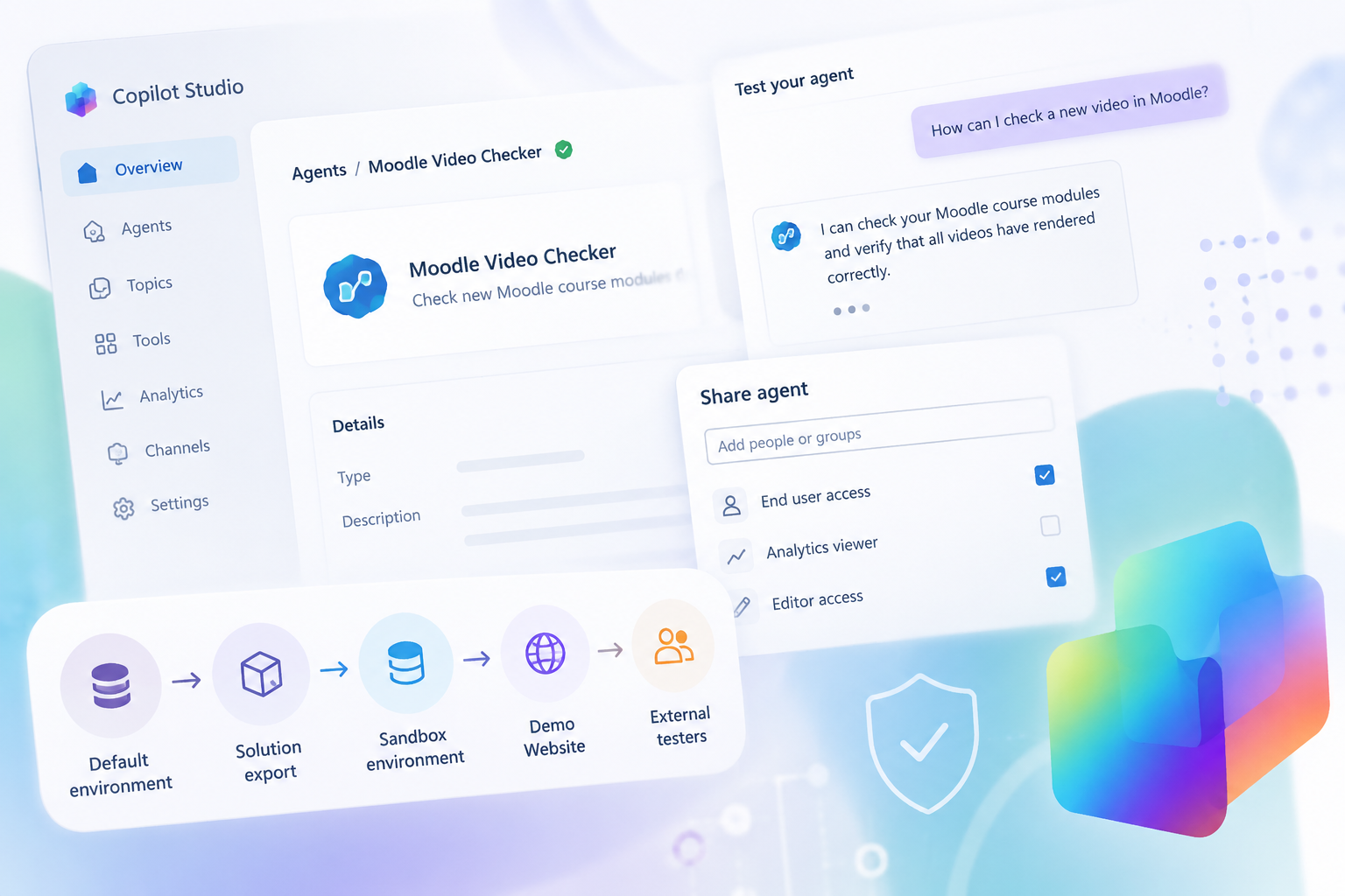 Illustrative AI-generated mockup of a generic Copilot Studio agent workspace and sharing workflow, used for visual context only