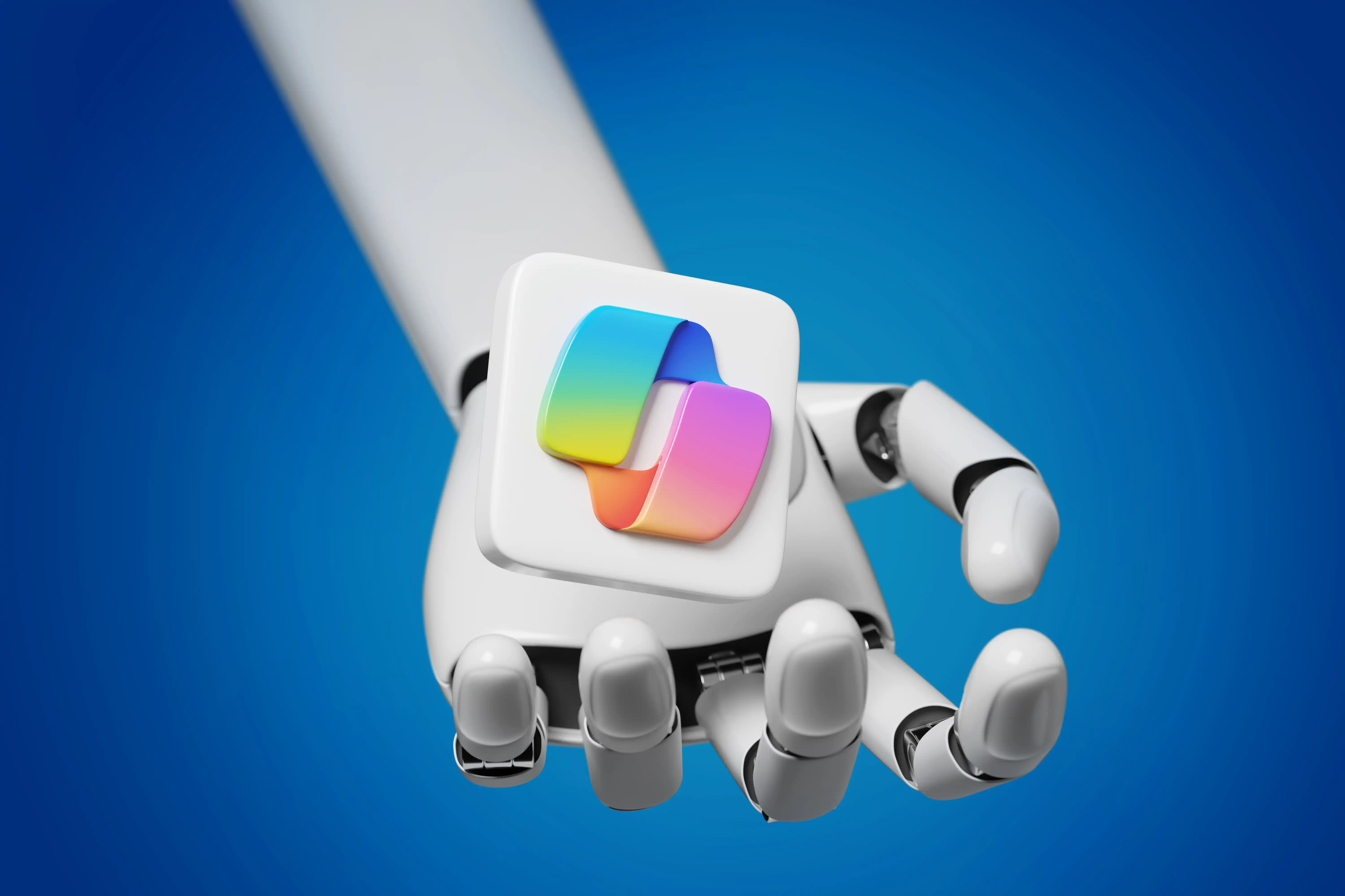 Robotic hand holding the Microsoft Copilot logo - illustrating AI-assisted workflow in a professional context