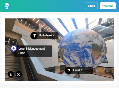 Lumi-hosted 360 tour of the Marshgate building at UCL East, showing navigation hotspots between floor levels