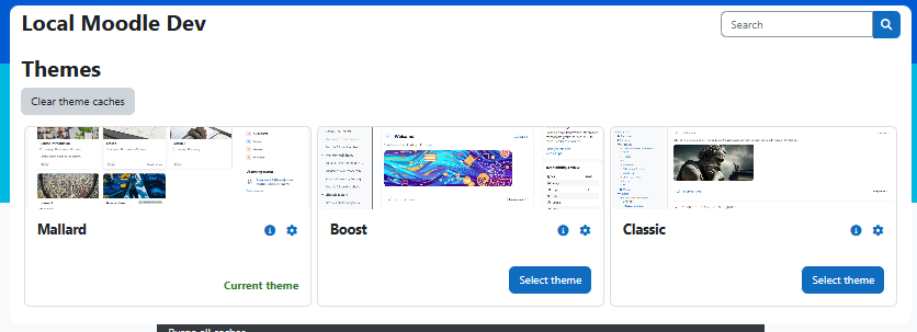 Moodle Site Administration Themes page showing Mallard listed as Current theme - confirming correct installation