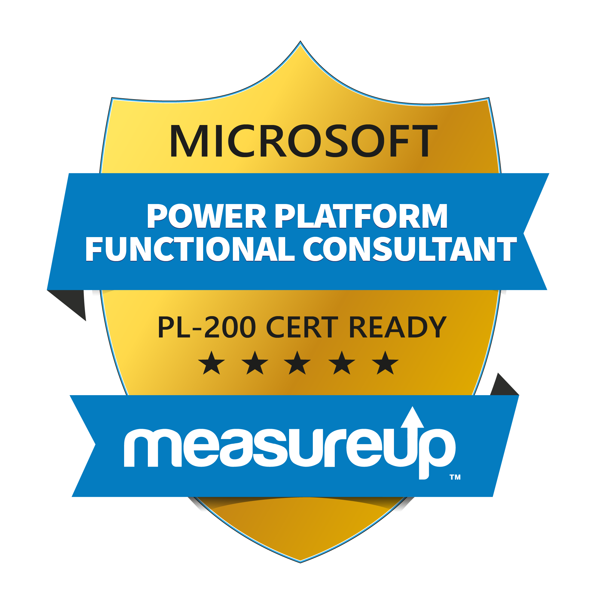 MeasureUp PL-200 Power Platform Functional Consultant Cert Ready badge - Microsoft certification in progress