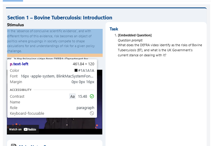 Moodle course page with browser accessibility inspector open, showing colour contrast ratio passing WCAG AA