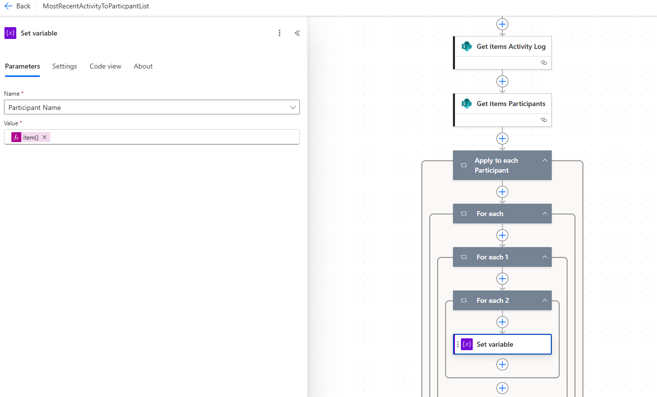 Power Automate flow showing nested For each loops processing activity log and participant data with Set variable and Apply to each steps