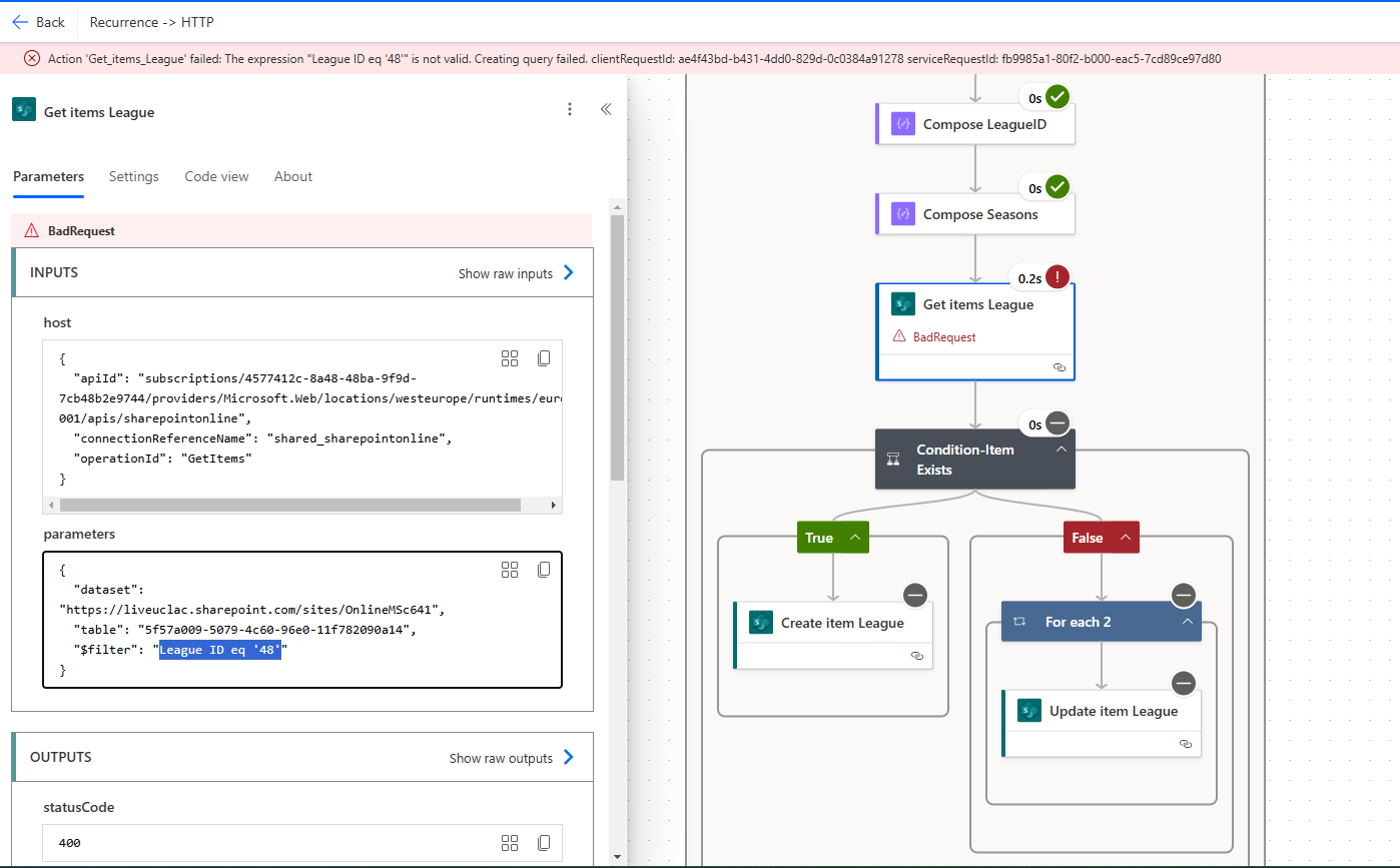 Power Automate flow showing HTTP connector, condition block and SharePoint create/update steps