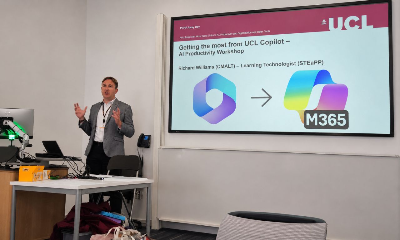 Richard Williams presenting the Getting the most from UCL Copilot - AI Productivity Workshop title slide at the UCL PCHP Away Day, with the Microsoft Copilot and M365 logos visible on screen