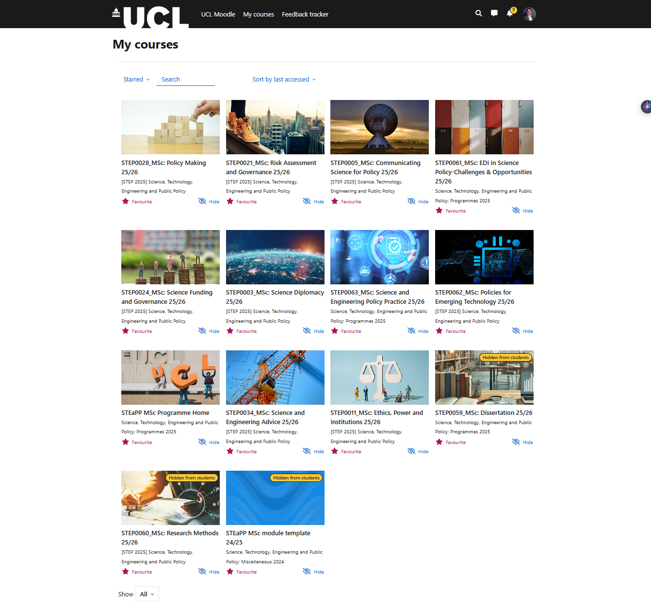 UCL Moodle My Courses page showing STEaPP Online MSc module cards