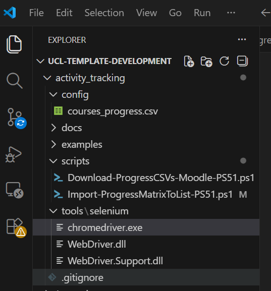 VS Code showing the UCL activity tracker project structure with PowerShell scripts, Selenium tools and config files